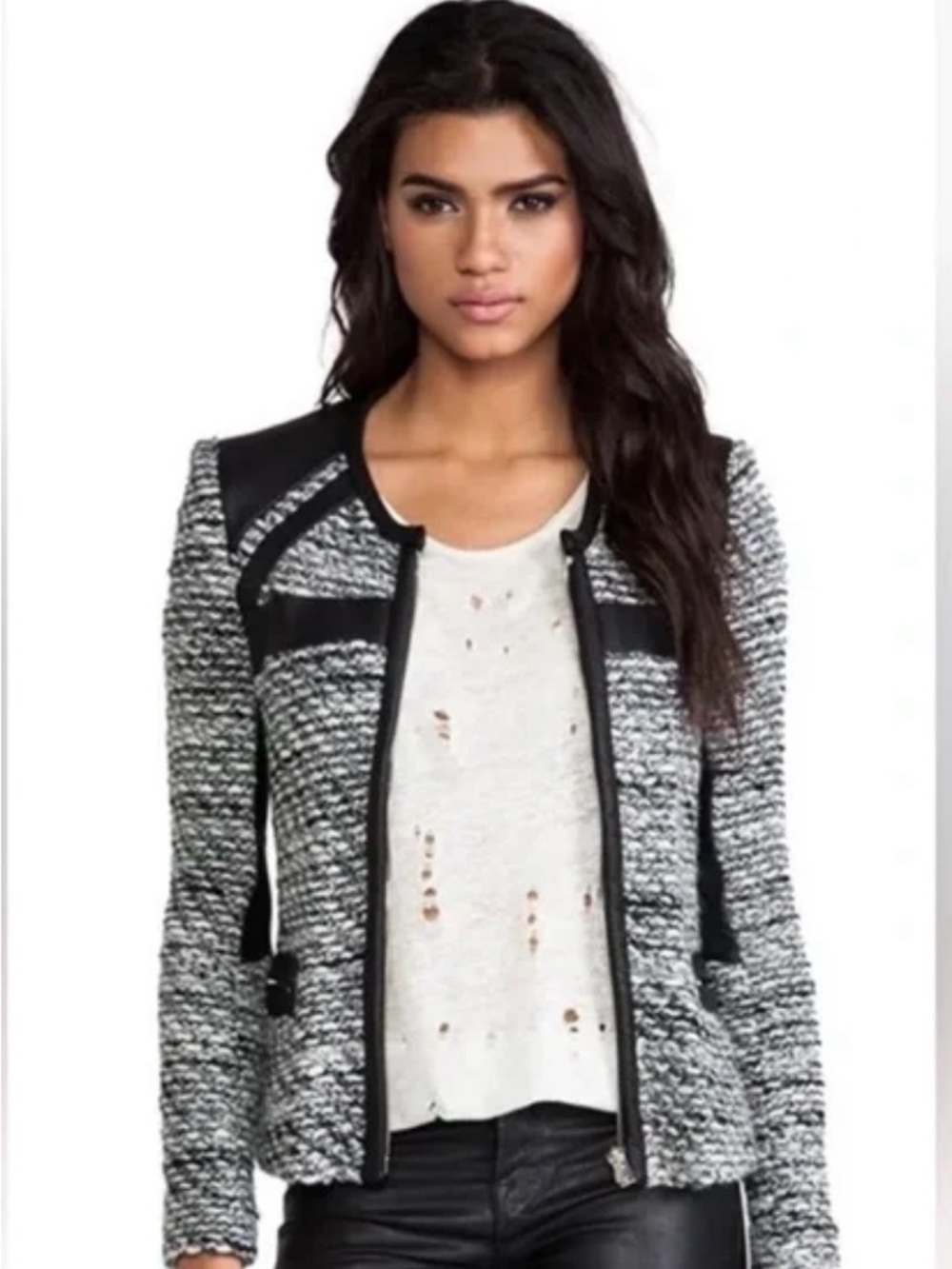 IRO Black & White Tweed and Leather-Trim Zip Jacket